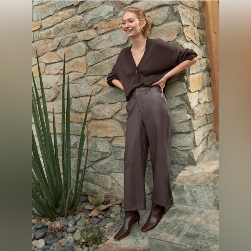 Splendid Women Vegan Leather Wide Leg Pants Chocolate Brown Trousers Size 4 NWT